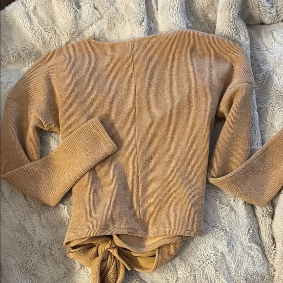 Anthropologie Wrap Sweater Ribbed Honey Beige Tie Front sz SM - Picture 4 of 5